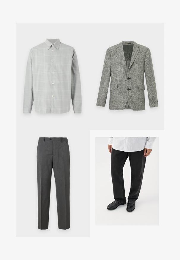 Geweven grijze blazer met twee knopen, notch lapel, voorzakken en een groene voering. Gemaakt van textuurstof en voorzien van een klassiek ontwerp.; Grijze lange mouwen shirt met een licht geruit patroon, knopen aan de voorkant, puntige kraag en een gladde stofstructuur.; Koolgrijze mannenbroek met subtiele streepjes, knoopsluiting, riemlussen en recht gesneden design op een witte achtergrond.; Zwarte denim broek gecombineerd met glanzende zwarte instappers. Het shirt is wit met dunne verticale strepen, heeft lange mouwen en een geknoopte kraag.