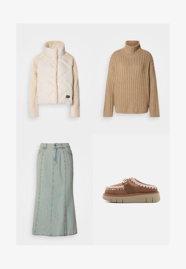 Crème gewatteerde jas met een hoge kraag, fluffy beige mouwen en een zichtbaar logo. Zachte textuur, cropped design en diagonale stiksels.; Beige geribbelde coltrui met lange mouwen, voorzien van een gestructureerd breisel, brede kraag en aansluitende zoom. Gemaakt van zacht, warm materiaal.; Lichtblauwe denim midi-rok met voorknoop, ritssluiting, riemlussen en verticale naaddetails.; Bruine leren instapper met een beige rubberen zool, contrasterend gevlochten detail op de bovenkant en een decoratieve gesp-accent.