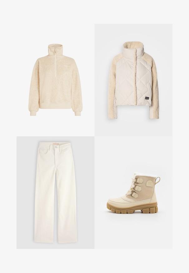 Veste matelassée crème avec un col montant, des manches beiges duveteuses et un logo apparent. Texture douce, design court et coutures diagonales.; Pull en polaire beige doux avec un col montant, une fermeture éclair demi-longueur, des poignets côtelés et un motif léopard subtil, marqué O'Neill sur la poitrine.; Jean droit écru avec poches avant, passants pour ceinture et fermeture par bouton sur un fond uni.; Bottine imperméable beige avec une semelle en caoutchouc texturée, trois boucles latérales et un doux revêtement en polaire en haut. Design à bout arrondi.