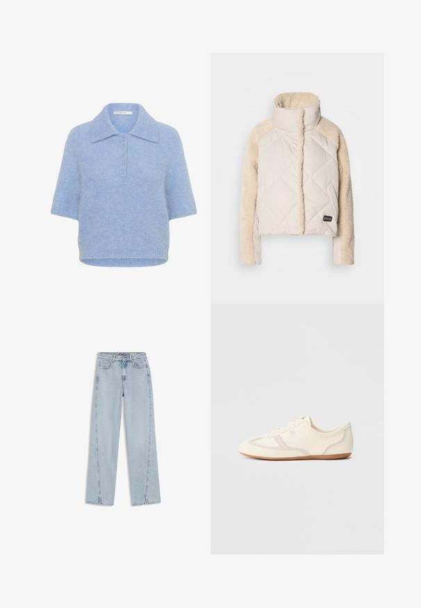 Veste matelassée crème avec un col montant, des manches beiges duveteuses et un logo apparent. Texture douce, design court et coutures diagonales.; T-shirt tricot à col, bleu clair et à manches courtes, avec une patte de boutonnage à cinq boutons. Texture douce avec une coupe légèrement carrée et un ourlet côtelé.; Jean en denim bleu clair taille haute, coupe droite, avec poches avant, passants de ceinture, fermeture par boutons et petites fentes aux ourlets inférieurs.; Baskets couleur crème avec une tige en daim et tissu, un bout arrondi, et une semelle en caoutchouc avec un détail accent beige. Fermeture à lacets.
