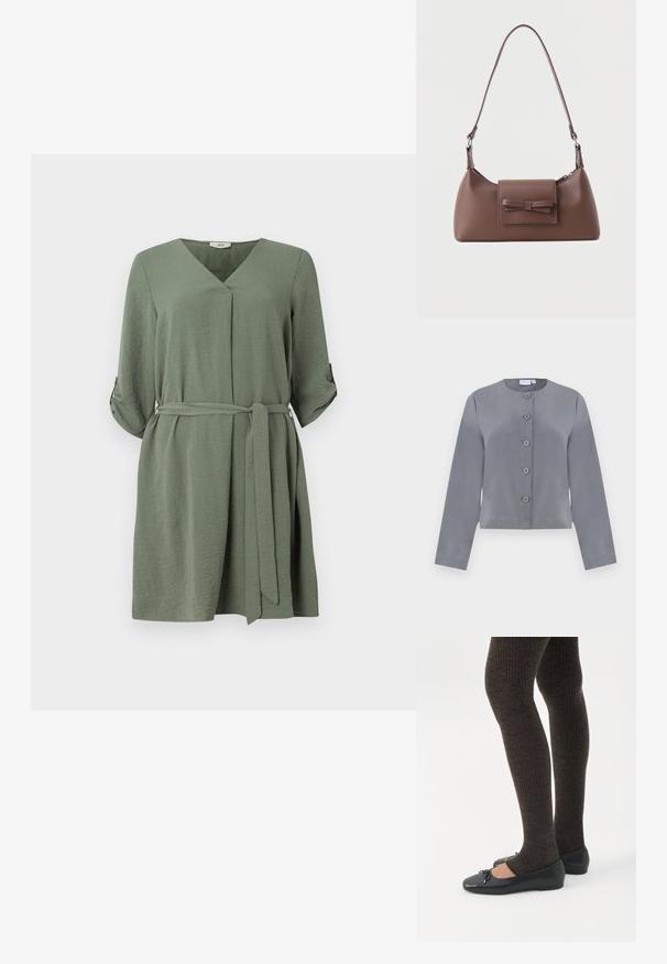 Chaqueta gris corta con cuello redondo, cierre frontal de seis botones, mangas largas y textura de tela suave.; Vestido envolvente verde claro con escote en V, mangas tres cuartos y cinturón. Hecho de una tela texturizada, con puños enrollados y un ajuste suelto.; Piernas con leggings oscuros acanalados combinados con bailarinas negras que presentan pequeños detalles de lazo sobre un fondo blanco.; Bolso bandolera de cuero marrón con un bolsillo frontal de solapa que presenta un detalle de moño cosido y una correa ajustable.
