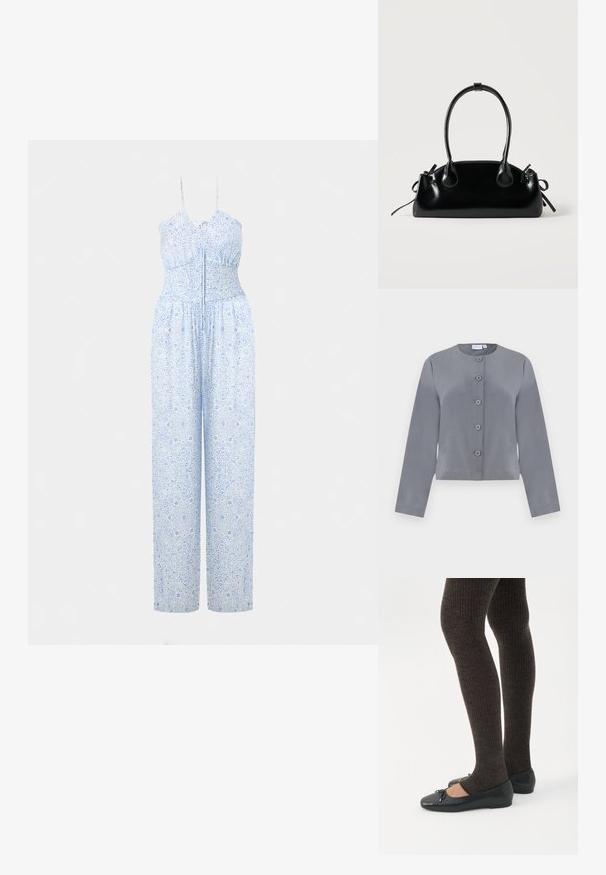 Grå kort jakke med rund halsudskæring, seks knaplukninger foran, lange ærmer og glat stofstruktur.; Lyseblå jumpsuit med justerbare stropper, smocket bodice og bukser med brede ben, prydet med et detaljeret blomstermønster. Blød stofstruktur.; Ben iført mørke ribbede leggings kombineret med sorte balletsko med små sløjfedetaljer på hvid baggrund.; Lille sort blank håndtaske med to lange håndtag og snøre-detaljer i siden på en ensfarvet lys baggrund.
