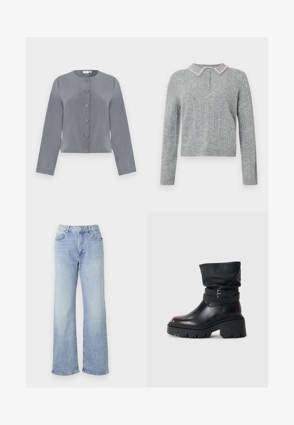 Grå kort jakke med rund halsudskæring, seks knaplukninger foran, lange ærmer og glat stofstruktur.; Lys grå strikket sweater med lange ærmer, tre knapper ved brystet og en krave dekoreret med perler.; Lyseblå vide jeans lavet af denim, med høj talje, fem lommer og en kant med subtilt slid.; Sort læderankelstøvle med en slouchy overdel, spænde detaljer og en tyk, robust sål. Har rund tå og glat tekstur.