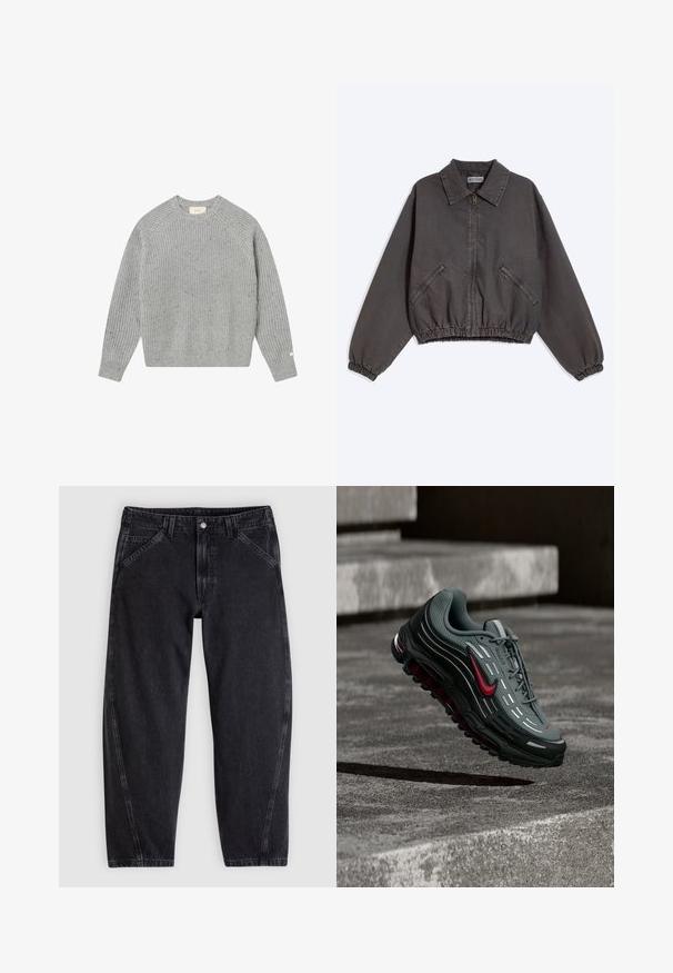 Veste zippée gris foncé avec col, deux poches latérales zippées, poignets et bas élastiques, posée à plat sur un fond clair.; Pull en tricot gris avec une texture côtelée, des manches raglan et un col rond. Présente des speckles subtils et une petite étiquette sur la manche.; Jean en denim noir à coupe ample, doté d'une ceinture standard, d'un design à cinq poches et de surpiqûres contrastantes le long des coutures.; Chaussure de sport grise et noire avec des touches rouges et des bandes réfléchissantes flottant au-dessus d'une surface en béton texturé avec des marches en arrière-plan.