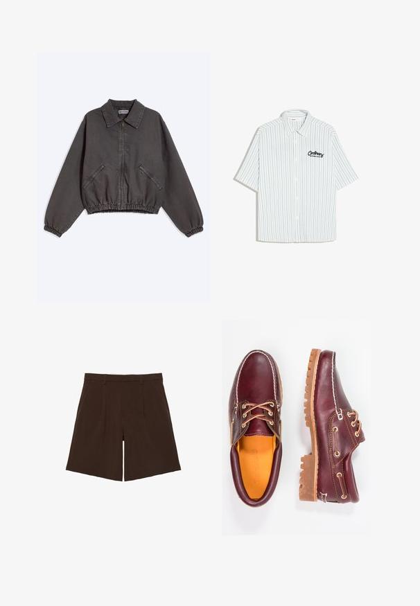 Veste zippée gris foncé avec col, deux poches latérales zippées, poignets et bas élastiques, posée à plat sur un fond clair.; Chemise blanche à manches courtes avec boutons, fines rayures verticales bleues et texte noir indiquant "Ordinary Matters Club" sur la poitrine gauche.; Shorts marron foncé coupés au genou, cintrés avec passants de ceinture et plis sur le devant, présentés à plat sur fond blanc.; Chaussures en cuir bourgogne avec semelles en caoutchouc marron, bout rond, couture blanche et œillets dorés. L'intérieur présente une doublure jaune.