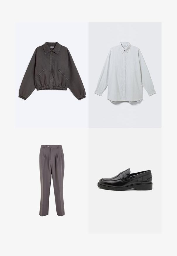 Chaqueta gris oscuro con cremallera y cuello, dos bolsillos laterales con cremallera y puños y dobladillo elásticos, puesta plana sobre un fondo claro.; Camisa blanca de manga larga con botones, con finas rayas negras verticales y un bolsillo en el pecho, mostrada extendida sobre un fondo claro.; Pantalones grises con plisados, fabricados en un tejido suave, que presentan un diseño de pierna recta, un cierre de un solo botón y bolsillos laterales inclinados.; Mocasines de cuero negro con un acabado suave, punta redondeada, tacón bajo y costura decorativa en la parte delantera. Suela de goma para mayor agarre.