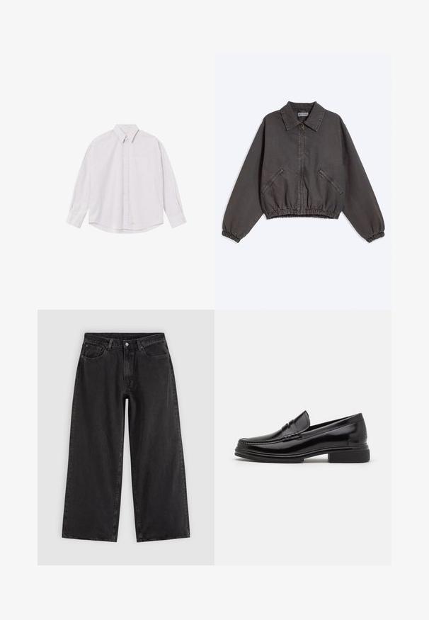 Veste zippée gris foncé avec col, deux poches latérales zippées, poignets et bas élastiques, posée à plat sur un fond clair.; Chemise blanche à manches longues avec de fines rayures verticales grises et une poche poitrine sur fond uni.; Jean en denim noir à jambes larges avec poches avant, passants pour ceinture et fermeture par boutons, présenté sur un fond clair uni.; Mocassins en cuir noir avec un embout arrondi, présentant un détail cousu sur le dessus, et un petit talon carré. Texture lisse et finition brillante.