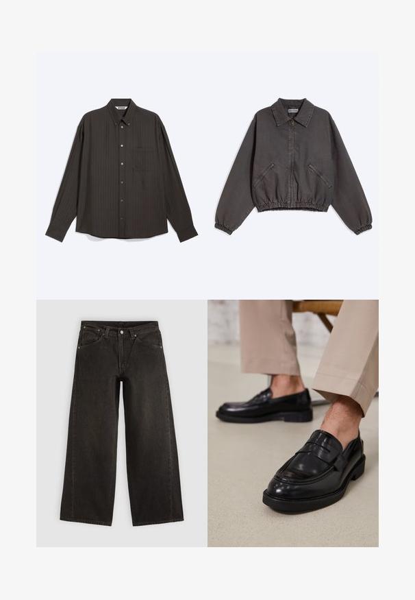 Dark gray zip-up jacket with a collar, two zippered side pockets, and elastic cuffs and hem, laid flat on a light background.; Dark grey long-sleeve button-up shirt with subtle vertical pinstripes, a front chest pocket, and a pointed collar, laid flat on a white background.; Black wide-leg denim jeans with front pockets, button closure, and belt loops, displayed flat on a light background.; Black leather loafers with a smooth finish, featuring a decorative strap and contrast stitching, paired with beige trousers.