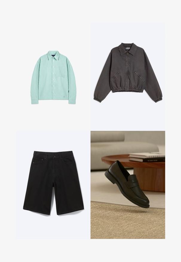 Veste zippée gris foncé avec col, deux poches latérales zippées, poignets et bas élastiques, posée à plat sur un fond clair.; Chemise à manches longues avec boutons, rayures verticales vert clair et blanches, poche poitrine et col classique, posée à plat sur un fond blanc.; Short en jean noir longueur genou avec bouton à l'avant, passants de ceinture et cinq poches, présenté sur fond blanc.; Chaussure mocassin en cuir noir présentée en suspension au-dessus d'un tapis beige tissé, avec une table en bois et des livres empilés dans un salon doucement éclairé.