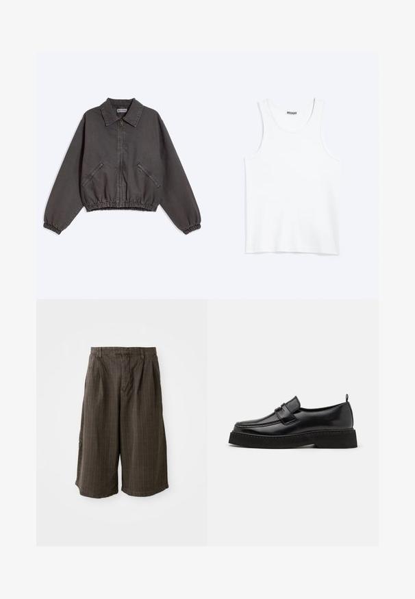 Chaqueta gris oscuro con cremallera y cuello, dos bolsillos laterales con cremallera y puños y dobladillo elásticos, puesta plana sobre un fondo claro.; Camiseta sin mangas blanca con cuello redondo y etiqueta de la marca Weekday en el interior del cuello trasero, mostrada plana sobre un fondo claro.; Pantalones cortos a rayas marrones con un corte holgado. Hechos de una tela ligera, presentan pliegues y dobladillo enrollado para un detalle adicional.; Zapatos estilo mocasín de cuero negro con suela plana y texturizada, con puntera cosida y una correa a lo largo del empeine.