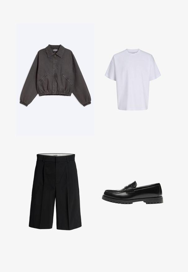Veste zippée gris foncé avec col, deux poches latérales zippées, poignets et bas élastiques, posée à plat sur un fond clair.; T-shirt blanc uni à manches courtes et col rond, affiché sur fond blanc, vue de face sans logos ni motifs visibles.; Shorts noirs sur mesure avec passants de ceinture, plis sur le devant et fermeture éclair dissimulée, présentés sur fond blanc.; Mocassin en cuir noir avec une semelle en caoutchouc épaisse et un détail classique de bride à monnaie, vu de côté extérieur.
