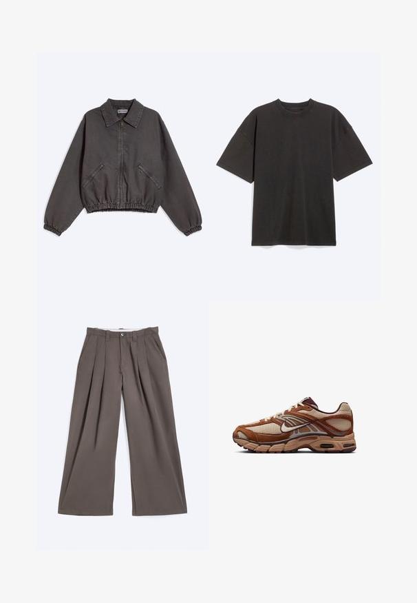 Σκούρο γκρι ζακέτα με φερμουάρ και γιακά, δύο πλευρικές τσέπες με φερμουάρ, ελαστικά μανσέτες και τελείωμα, απλωμένη πάνω σε ανοιχτό φόντο.; Μαύρο oversized κοντομάνικο T-shirt με στρογγυλή λαιμόκοψη, απλωμένο σε ανοιχτό γκρι φόντο.; Καφέ παντελόνια με φαρδιά μπατζάκια, πιέτες, θηλιές για ζώνη, κλείσιμο με κουμπί και πλαϊνές τσέπες, τοποθετημένα επίπεδα σε λευκό φόντο.; Καφέ και μπεζ αθλητικό παπούτσι Nike για τρέξιμο με πάνελ από δίχτυ και σουέντ, σχέδιο με κορδόνια και ορατή αερόσολα στη σόλα.