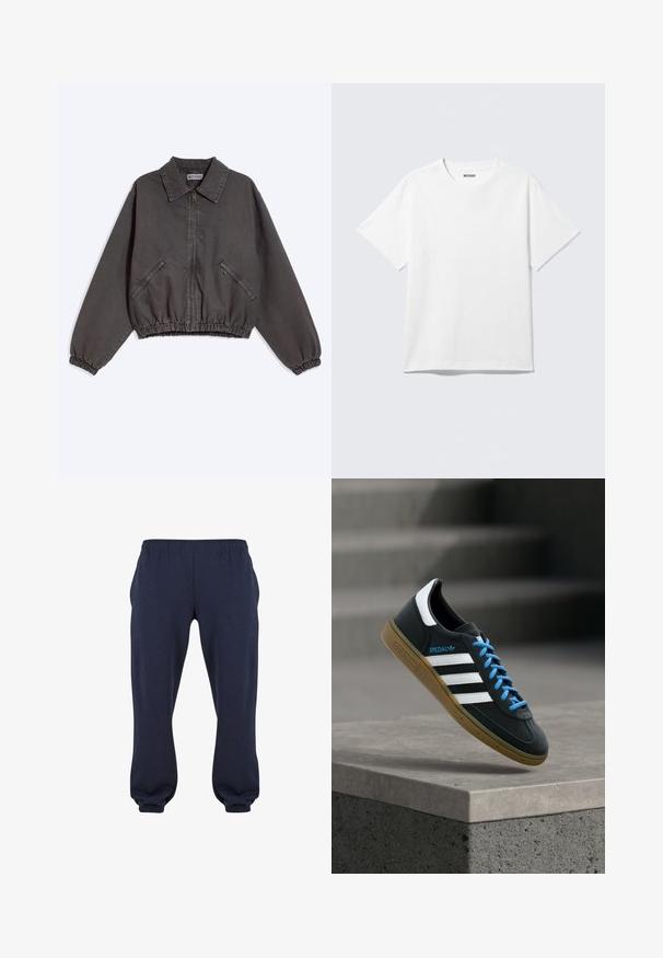 Veste zippée gris foncé avec col, deux poches latérales zippées, poignets et bas élastiques, posée à plat sur un fond clair.; T-shirt blanc à manches courtes et col rond, étalé à plat, design uni, avec l'étiquette "WEEKDAY" à l'intérieur du col sur un fond clair.; Pantalons de survêtement bleu marine avec une taille élastique et des manches resserrées, fabriqués en tissu doux, sans motifs ni accessoires visibles.; Baskets Adidas noires avec des rayures blanches, des lacets bleus et une semelle en gomme flottant au-dessus d'une marche en béton grise sous une lumière douce.