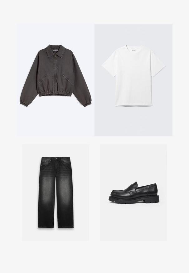 Donkergrijs jack met rits en kraag, twee ritssluitende zijzakken en elastische boorden en zoom, plat gelegd op een lichte achtergrond.; Witte T-shirt met korte mouwen en ronde hals, plat gelegd, effen ontwerp, met een "WEEKDAY" label in de kraag op een lichte achtergrond.; Zwarte denim jeans met een wijde pijp. Beschikt over vijf zakken, lichte vervaging en stevige stiksels. Met knoop- en ritssluiting.; Zwarte leren loafer met dikke geribbelde zool en pennyriemdetail, getoond in rechter zijprofiel op witte achtergrond.