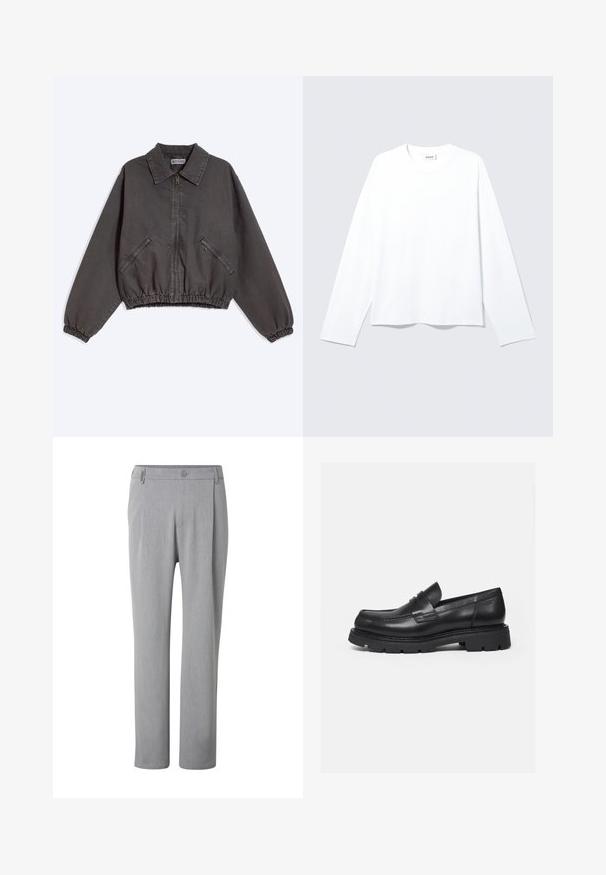 Chaqueta gris oscuro con cremallera y cuello, dos bolsillos laterales con cremallera y puños y dobladillo elásticos, puesta plana sobre un fondo claro.; Camiseta blanca lisa de manga larga con cuello redondo, corte holgado y etiqueta de la marca visible en el cuello, colocada plana sobre un fondo claro.; Pantalones gris claro de pierna recta con botón y trabillas, mostrados de frente sobre un fondo blanco.; Mocasín negro de cuero con suela gruesa y acanalada y detalle de tira para moneda, mostrado en perfil lateral derecho sobre fondo blanco.
