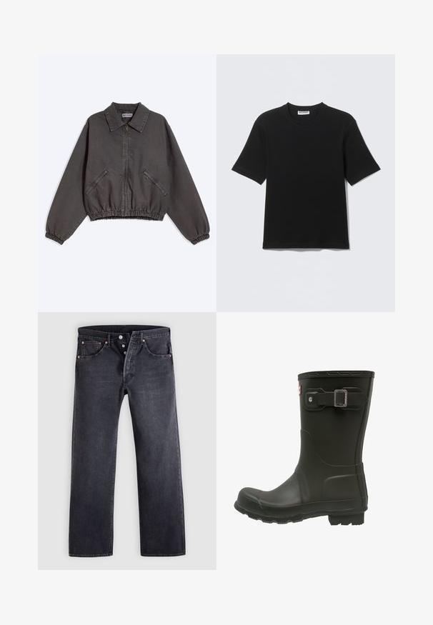 Donkergrijs jack met rits en kraag, twee ritssluitende zijzakken en elastische boorden en zoom, plat gelegd op een lichte achtergrond.; Zwart T-shirt met korte mouwen en ronde hals, met een label "WEEKDAY" aan de binnenkant van de kraag, plat neergelegd op een lichte achtergrond.; Zwarte spijkerbroeken met een rechte pasvorm, ontwerp met vijf zakken en koperen knoopaccenten. Gladde textuur met een licht vervaagde afwerking.; Zwarte rubberen regenlaars met een ronde neus, een gespband aan de bovenkant en een geprofileerde buitenzool voor grip.