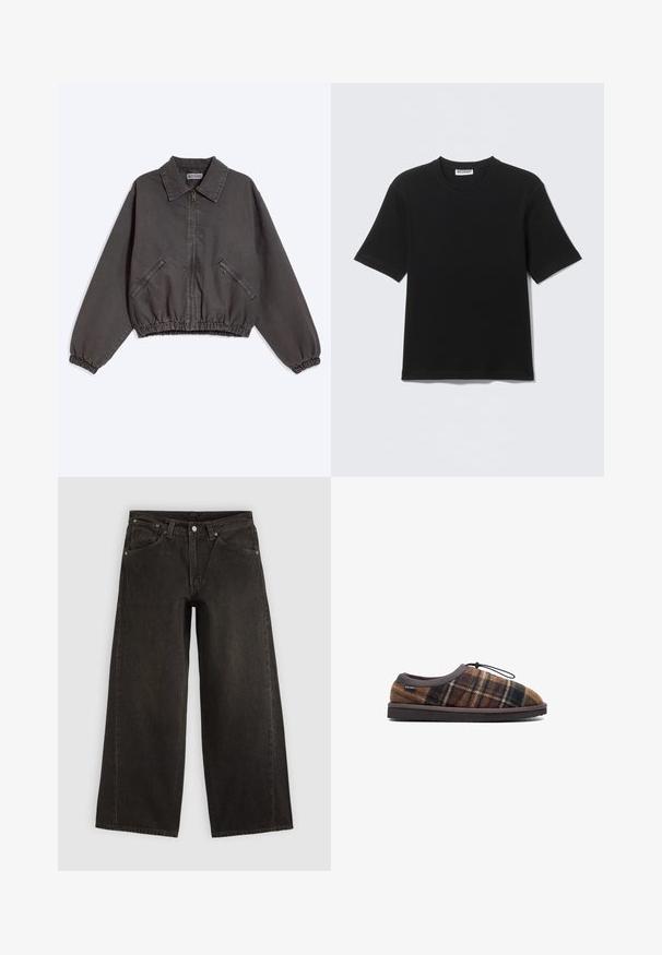 Veste zippée gris foncé avec col, deux poches latérales zippées, poignets et bas élastiques, posée à plat sur un fond clair.; T-shirt noir à manches courtes avec col rond, portant une étiquette "WEEKDAY" à l'intérieur du col, présenté à plat sur un fond clair.; Jean noir à jambes larges avec poches avant, fermeture par boutons et passants de ceinture, présenté à plat sur un fond clair.; Chausson à carreaux marron avec un dessus en tissu doux, fermeture à bascule en élastique noir et semelle plate marron foncé.