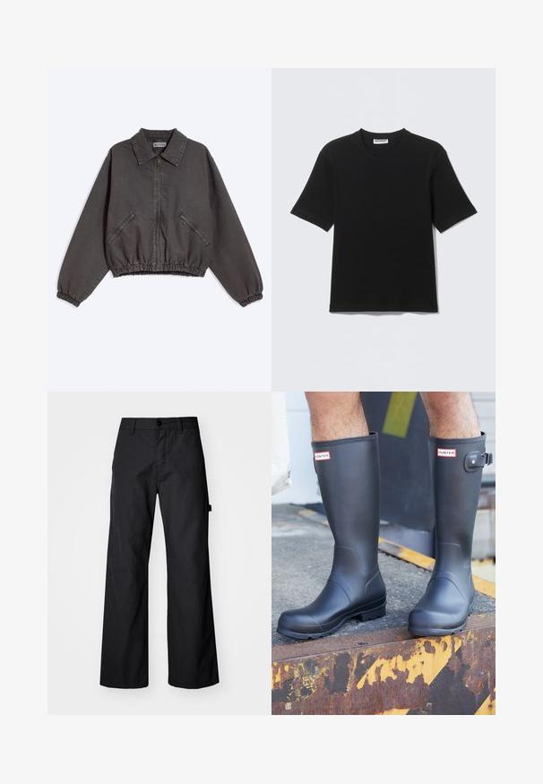 Veste zippée gris foncé avec col, deux poches latérales zippées, poignets et bas élastiques, posée à plat sur un fond clair.; T-shirt noir à manches courtes avec col rond, portant une étiquette "WEEKDAY" à l'intérieur du col, présenté à plat sur un fond clair.; Pantalons larges noirs en tissu durable. Fermeture à bouton et poches latérales. Texture lisse avec un design épuré.; Personne portant des bottes de pluie Hunter noires se tenant sur un bord métallique rouillé avec des marquages jaunes et noirs de précaution.