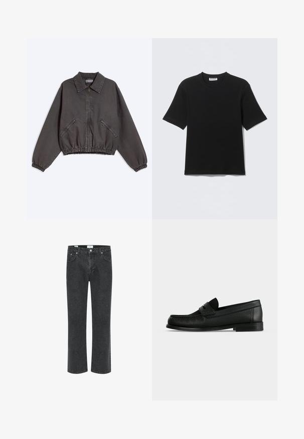Dunkelgraue Zip-up-Jacke mit Kragen, zwei seitlichen Reißverschlusstaschen und elastischen Bündchen und Saum, flach auf hellem Hintergrund liegend.; Schwarzes T-Shirt mit kurzen Ärmeln und Rundhalsausschnitt, mit einem "WEEKDAY"-Etikett innen am Kragen, flach auf einem hellen Hintergrund liegend dargestellt.; Schwarze Jeans aus Denim mit geradem Bein, fünf Taschen und kontrastierenden Nähten. Der Stoff hat eine leicht ausgewaschene Textur.; Schwarzer Leder-Penny-Loafer mit strukturierter Oberfläche, niedrigem Absatz und einem Riemen über dem Vorderblatt, seitlich auf einfarbigem Hintergrund gezeigt.
