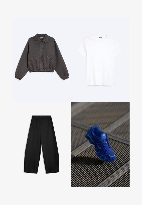 Dunkelgraue Zip-up-Jacke mit Kragen, zwei seitlichen Reißverschlusstaschen und elastischen Bündchen und Saum, flach auf hellem Hintergrund liegend.; Schlichtes weißes T-Shirt mit kurzen Ärmeln und Rundhalsausschnitt mit gut sichtbarem WEEKDAY-Label am Kragen, dargestellt auf hellem Hintergrund.; Schwarze weit geschnittene Hose mit hoher Taille, Knopfverschluss und Falten vorne, auf weißem Hintergrund präsentiert.; Blaue Sportschuh mit einem Obermaterial aus Netzgewebe, strukturiertem Design und einer markanten Sohle, die über ausgeprägte Dämpfungselemente und reflektierende Akzente verfügt.