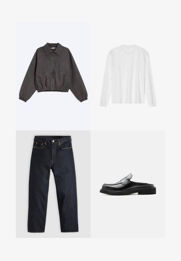 Veste zippée gris foncé avec col, deux poches latérales zippées, poignets et bas élastiques, posée à plat sur un fond clair.; T-shirt blanc en coton à manches longues avec col rond, doté de poignets côtelés et d'un ourlet droit, texture lisse et design minimaliste.; Jean en denim bleu foncé avec une coupe droite, cinq poches, des coutures orange contrastantes et une fermeture à boutons. Pas de motifs ou d'ornements visibles.; Mocassin en cuir noir avec talon ouvert, talon bas et coutures décoratives le long de la tige et de la semelle, présenté en profil latéral sur fond blanc.