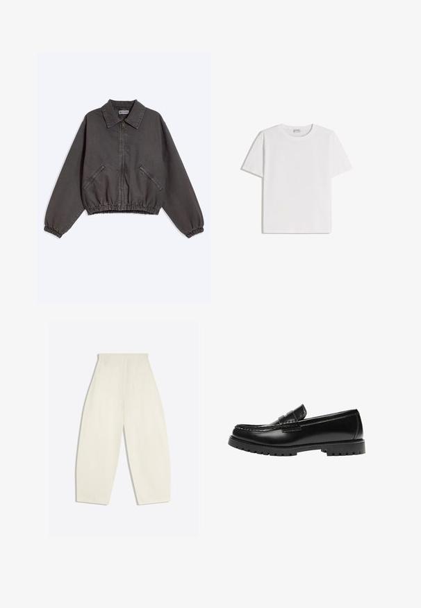 Veste zippée gris foncé avec col, deux poches latérales zippées, poignets et bas élastiques, posée à plat sur un fond clair.; T-shirt en coton blanc avec un col rond et des manches courtes. Présente une coupe classique et carrée, sans motifs ni accents visibles.; Pantalon crème taille haute à jambes larges, avec poches arrière et passants de ceinture, présenté à plat sur un fond clair.; Mocassin en cuir noir avec une semelle en caoutchouc épaisse et un détail classique de bride à monnaie, vu de côté extérieur.