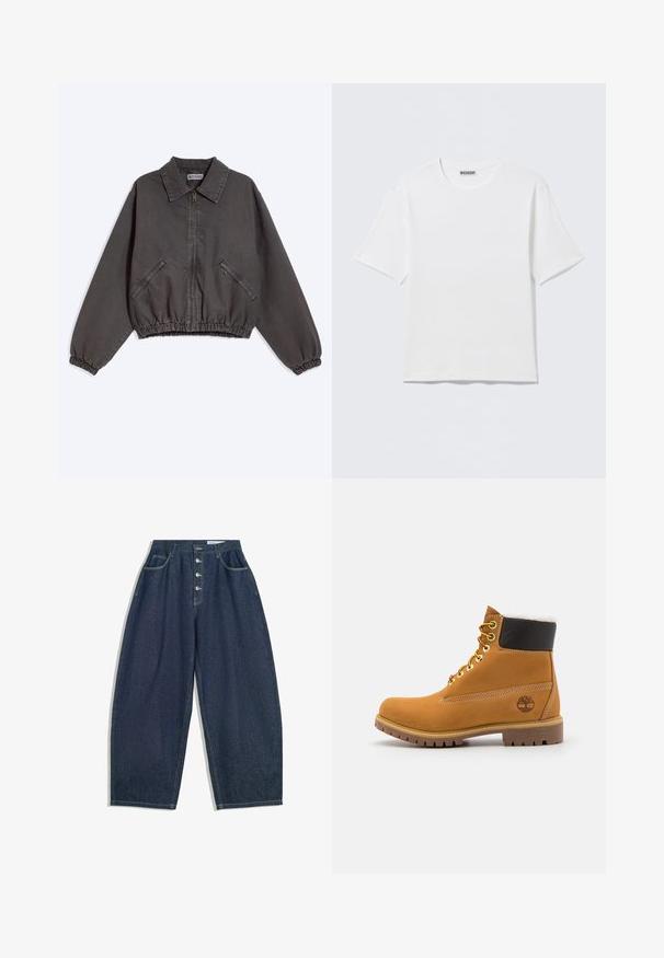 Donkergrijs jack met rits en kraag, twee ritssluitende zijzakken en elastische boorden en zoom, plat gelegd op een lichte achtergrond.; Effen witte T-shirt met korte mouwen en ronde hals, met een klein "WEEKDAY" label aan de binnenkant van de achterkraag, weergegeven op een vlakke ondergrond.; Donkerblauwe denim brede broek met een hoge taille, vijfknopen sluiting en vijf zakken. Heeft stiksels op de naden.; Bruine leren enkellaars met metalen oogjes, witte faux bont voering, zwarte gewatteerde kraag, robuuste zool en een reliëflogo aan de zijkant.