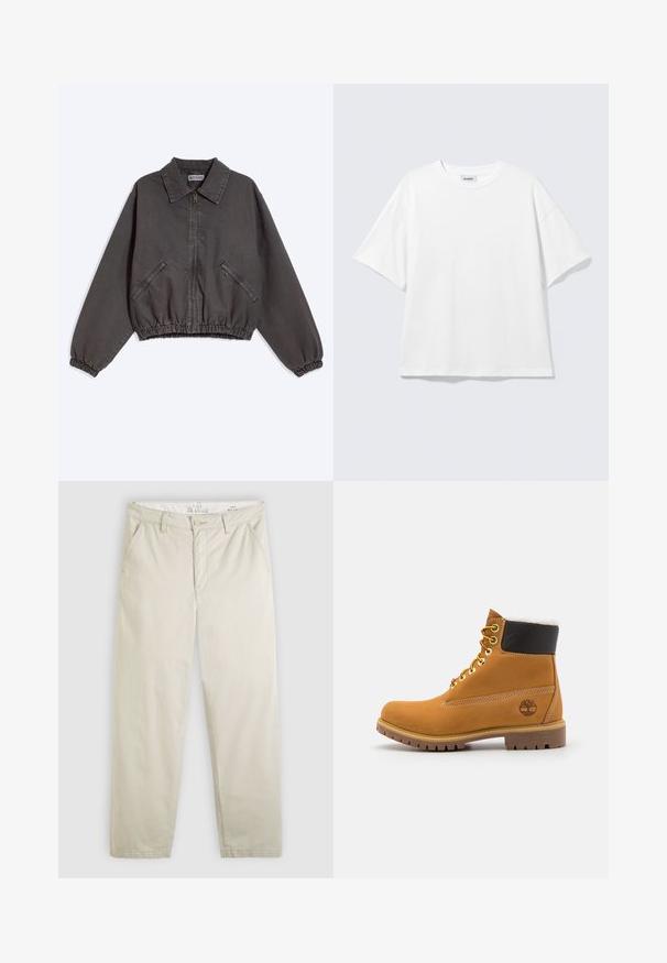 Dunkelgraue Zip-up-Jacke mit Kragen, zwei seitlichen Reißverschlusstaschen und elastischen Bündchen und Saum, flach auf hellem Hintergrund liegend.; Weißes oversized T-Shirt mit kurzen Ärmeln und Rundhalsausschnitt mit eingesetzten Schultern, flach auf hellgrauem Hintergrund.; Helle beige Chino-Hosen mit geradem Bein, Fronttaschen, Gürtelschlaufen, Knopfverschluss und Reißverschluss, flach auf weißem Hintergrund präsentiert.; Braune Leder-Ankle-Boots mit Metallösen, weißem Kunstfellfutter, schwarzem gepolstertem Kragen, robustem Sohlenprofil und geprägtem Logo an der Seite.