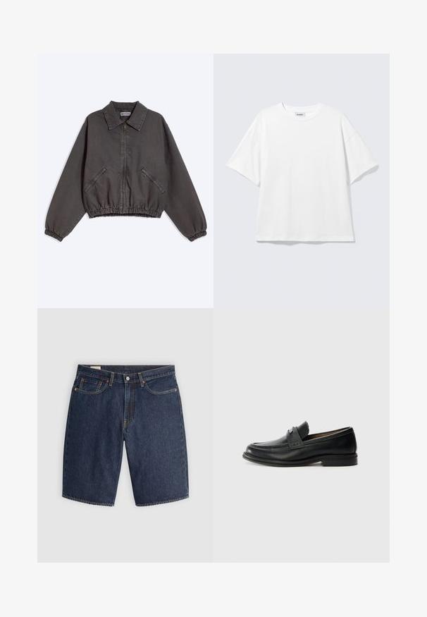 Chaqueta gris oscuro con cremallera y cuello, dos bolsillos laterales con cremallera y puños y dobladillo elásticos, puesta plana sobre un fondo claro.; Camiseta blanca de gran tamaño con mangas cortas, cuello redondo y hombros caídos, plana sobre fondo gris claro.; Pantalones cortos de mezclilla en azul oscuro, con un diseño clásico que incluye cinco bolsillos, costuras cosidas, cierre de botón y bolsillos traseros curvados.; Mocasines de cuero negro con un acabado suave, que presentan una banda superior texturizada, tacón bajo y detalles de costura mínimos.