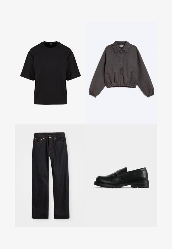 Veste zippée gris foncé avec col, deux poches latérales zippées, poignets et bas élastiques, posée à plat sur un fond clair.; Urban Classics SCUBA TEE - T-shirt basique - black; Jean en denim noir pour hommes, coupe droite, avec cinq poches et surpiqûres orange, fermeture par bouton et zip à la taille avant.; Mocassin en cuir noir avec semelle épaisse et couture moc toe, vu de profil sur un fond uni clair.