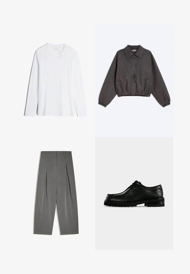 Dunkelgraue Zip-up-Jacke mit Kragen, zwei seitlichen Reißverschlusstaschen und elastischen Bündchen und Saum, flach auf hellem Hintergrund liegend.; Langärmliges, weißes T-Shirt aus weicher Baumwolle. Verfügt über einen Rundhalsausschnitt, eine gerade Passform und eine glatte Textur ohne Muster oder Akzente.; Graue, weit geschnittene, maßgeschneiderte Hosen mit vorderen Falten, Knopfverschluss und Gürtelschlaufen, flach auf weißem Hintergrund ausgelegt.; Schwarzer Leder-Schnürschuh mit dicker Gummisohle und Moc-Toe-Naht, von der linken Seite vor hellem neutralem Hintergrund gezeigt.