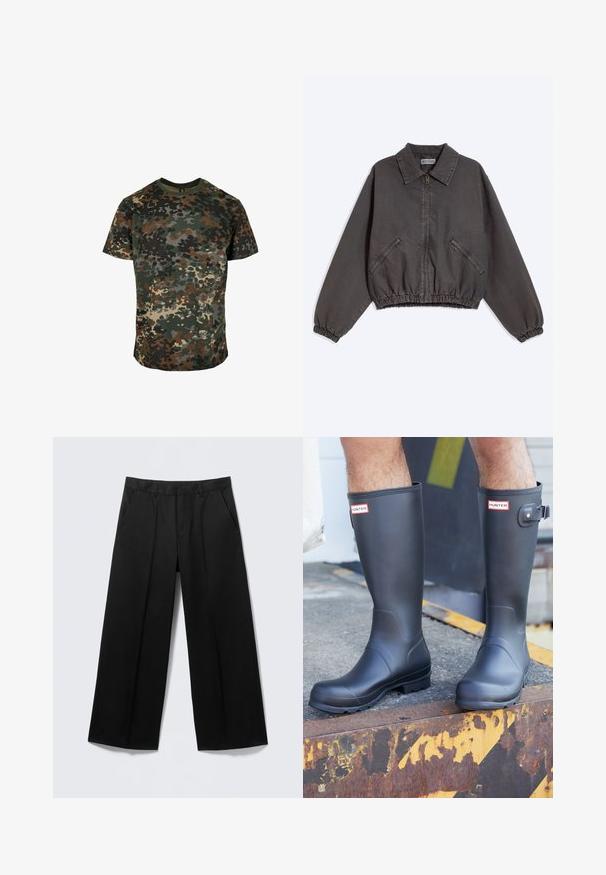 Donkergrijs jack met rits en kraag, twee ritssluitende zijzakken en elastische boorden en zoom, plat gelegd op een lichte achtergrond.; Camo t-shirt van katoen, met een meerkleurig patroon in groen, bruin en zwart. Ronde hals en korte mouwen.; Zwarte broek met brede pijpen, voorzien van lussen voor een ceintuur, steekzakken aan de voorkant en een ritssluiting, getoond op een lichtgrijze achtergrond.; Persoon die zwarte Hunter regenlaarzen draagt en staat op een verroeste metalen rand met gele en zwarte waarschuwingsmarkeringen.