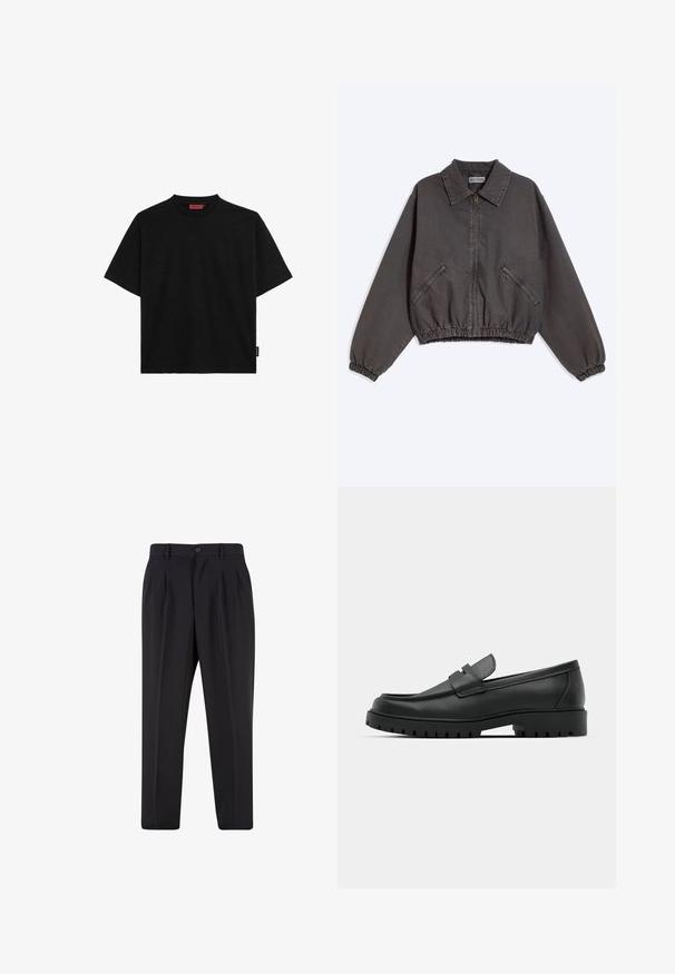 Chaqueta gris oscuro con cremallera y cuello, dos bolsillos laterales con cremallera y puños y dobladillo elásticos, puesta plana sobre un fondo claro.; Camiseta negra de manga corta hecha de algodón, con cuello redondo y una pequeña etiqueta en el lateral. Textura suave y corte recto.; Pantalones negros a medida con pliegues delanteros, trabillas para cinturón y cierre con botón en la cintura.; Mocasines de cuero negro con punta redonda, que cuentan con un diseño cosido, suela de plataforma baja y una suela de goma texturada y con tacos.