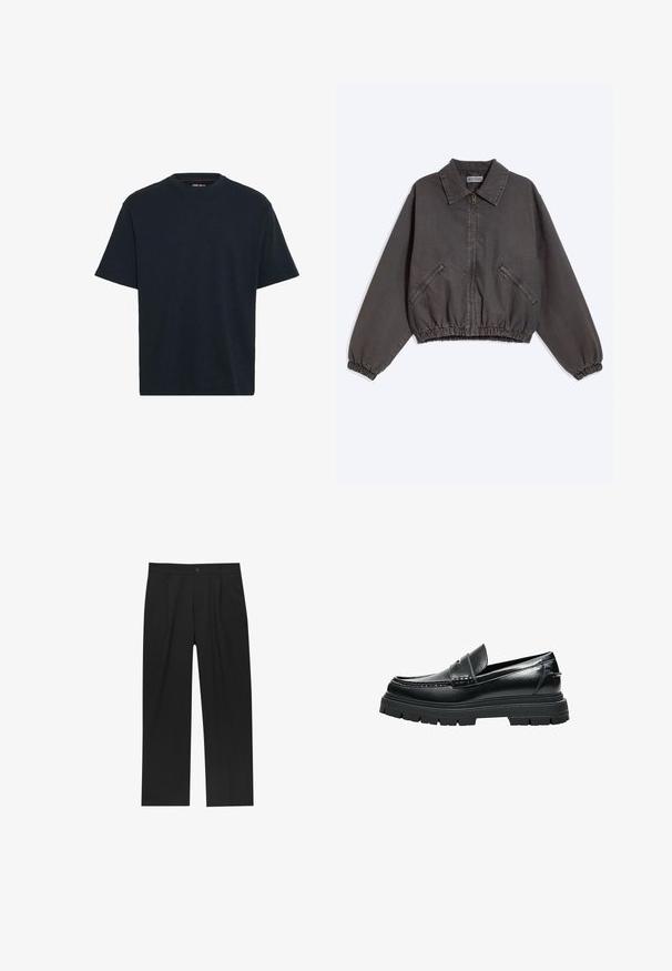 Dunkelgraue Zip-up-Jacke mit Kragen, zwei seitlichen Reißverschlusstaschen und elastischen Bündchen und Saum, flach auf hellem Hintergrund liegend.; Navyblaue Baumwoll-T-Shirt mit Rundhalsausschnitt, kurzen Ärmeln und entspannter Passform. Glatte Textur ohne sichtbare Muster oder Akzente.; Schwarze Hose mit geradem Schnitt, aus einem glatten Stoff gefertigt. Verfügt über Vorderfalten und einen einzelnen Knopfverschluss an der Taille.; Schwarzer Leder-Slipper mit dicker Profilsohle und Pennyriemen-Detail, seitlich auf weißem Hintergrund gezeigt.