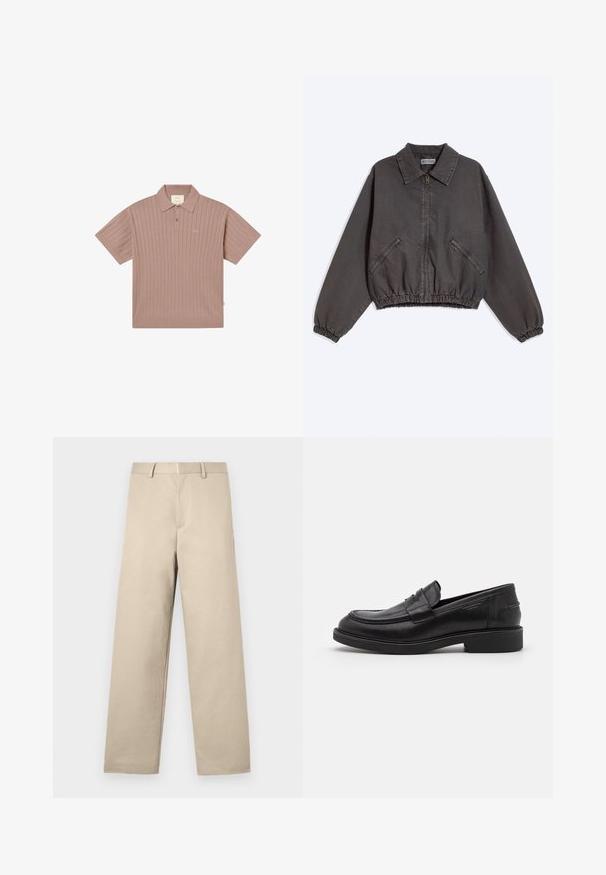 Veste zippée gris foncé avec col, deux poches latérales zippées, poignets et bas élastiques, posée à plat sur un fond clair.; Polo à manches courtes en maille côtelée couleur mauve atténué, avec deux boutons et un logo brodé discret sur la poitrine gauche.; Pantalon beige avec une coupe droite, taille plate, deux poches latérales et une fermeture éclair. Fabriqué en tissu coton doux.; Mocassins en cuir noir avec un bout arrondi, des coutures ton sur ton et un détail de sangle à l'avant. Semelle en caoutchouc avec un petit talon.