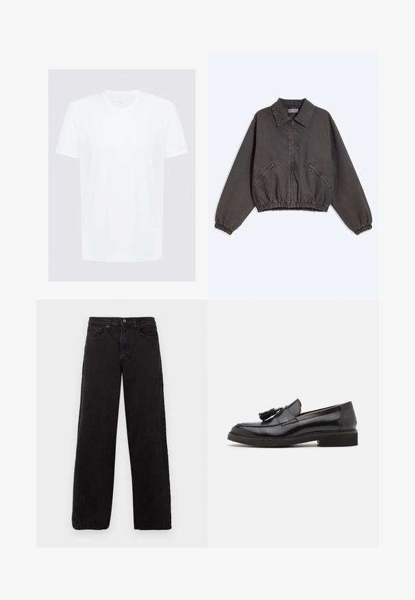 Chaqueta gris oscuro con cremallera y cuello, dos bolsillos laterales con cremallera y puños y dobladillo elásticos, puesta plana sobre un fondo claro.; Camiseta blanca de manga corta hecha de algodón suave con cuello redondo; diseño minimalista, con líneas limpias y sin patrones visibles.; Jeans de mezclilla negra con un diseño de pierna recta, estilo de cinco bolsillos y cierre de botón. Tejido texturizado y estética minimalista.; Mocasines de cuero negro con detalles en borla, puntera redondeada y suela texturizada. Presentan un acabado suave y un diseño minimalista.