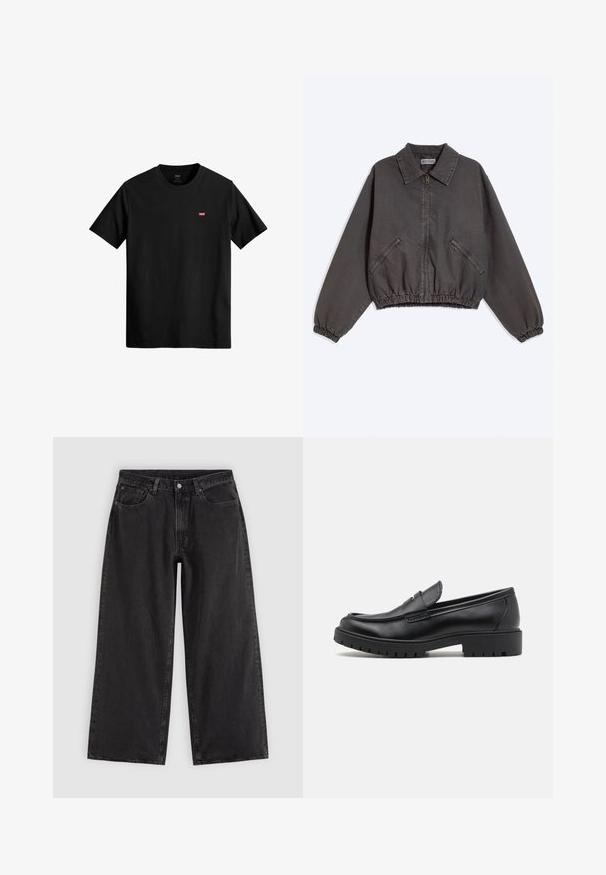 Veste zippée gris foncé avec col, deux poches latérales zippées, poignets et bas élastiques, posée à plat sur un fond clair.; T-shirt en coton noir avec un col rond, des manches courtes et un petit logo rouge Levi's sur la poitrine gauche. Design léger et simple.; Jean en denim noir à jambes larges avec poches avant, passants pour ceinture et fermeture par boutons, présenté sur un fond clair uni.; Mocassins en cuir noir avec un bout arrondi, un design à enfiler et une semelle en caoutchouc épaisse avec une texture antidérapante. Talon surélevé et détails de surpiqûre subtils.