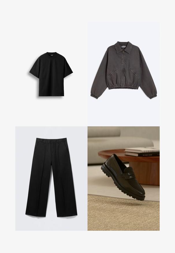 Dunkelgraue Zip-up-Jacke mit Kragen, zwei seitlichen Reißverschlusstaschen und elastischen Bündchen und Saum, flach auf hellem Hintergrund liegend.; Schwarzes T-Shirt mit kurzen Ärmeln und Rundhalsausschnitt, flach auf weißem Hintergrund mit sichtbarem kleinem Nackenlabel dargestellt.; Schwarze Hosen mit weitem Bein, Gürtelschlaufen, Vordertaschen und Reißverschluss, auf einem hellgrauen Hintergrund präsentiert.; Schwarzer Lederloafer mit grober Profilsohle, der über einem strukturierten beigen Teppich, einem runden Holztisch und gestapelten Büchern im Hintergrund schwebt.