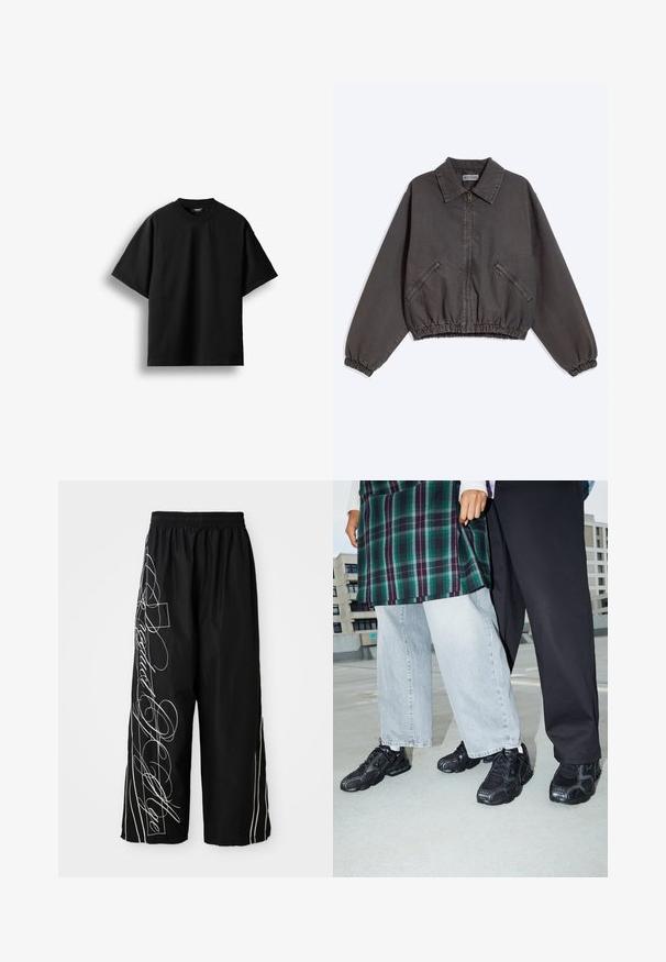 Veste zippée gris foncé avec col, deux poches latérales zippées, poignets et bas élastiques, posée à plat sur un fond clair.; T-shirt noir à manches courtes et col rond, présenté à plat sur un fond blanc avec une petite étiquette visible au niveau du col.; Pantalons noirs, à jambes larges et coupés, fabriqués en tissu léger. Présentent des motifs et des accents brodés blancs qui descendent sur les côtés. Taille élastique.; Baskets de sport noires avec des accents en mesh et en caoutchouc. Portées avec un jean large gris clair et un haut à carreaux vert. Fond à surface plane.