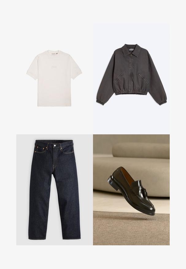 Veste zippée gris foncé avec col, deux poches latérales zippées, poignets et bas élastiques, posée à plat sur un fond clair.; T-shirt blanc à manches courtes en coton doux, avec un logo de marque subtilement gaufré sur la poitrine et un col rond classique.; Jean en denim bleu foncé avec une coupe droite, cinq poches, des coutures orange contrastantes et une fermeture à boutons. Pas de motifs ou d'ornements visibles.; Mocassin en cuir noir avec pompons flottant au-dessus d'un tapis beige avec un canapé beige en arrière-plan.