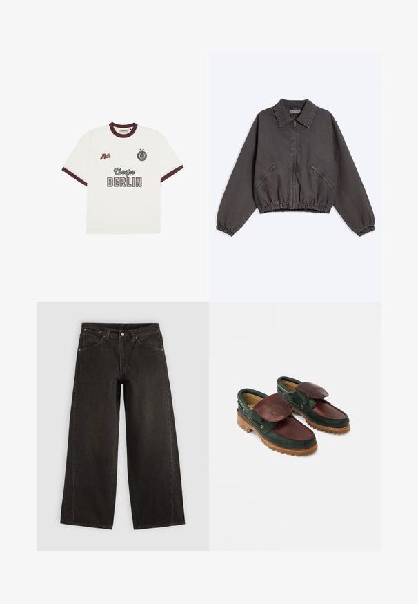 Dunkelgraue Zip-up-Jacke mit Kragen, zwei seitlichen Reißverschlusstaschen und elastischen Bündchen und Saum, flach auf hellem Hintergrund liegend.; Weißes T-Shirt mit kurzen Ärmeln und burgunderfarbenen Akzenten, mit dem Text "Escape BERLIN" in der Mitte auf der Vorderseite, "Mitte" auf der linken Brust und einem runden Emblem mit zwei Sternen auf der rechten Brust.; Schwarze Jeans mit weitem Bein aus Denim, mit Fronttaschen, Knopfverschluss und Gürtelschlaufen, flach auf hellem Hintergrund dargestellt.; Lederschuhe mit einem dunkelgrünen Oberteil und einem bordeauxroten oberen Teil, runder Spitze, gesichertem Klappverschluss und einer strukturierten Gummisohle mit Rillen.