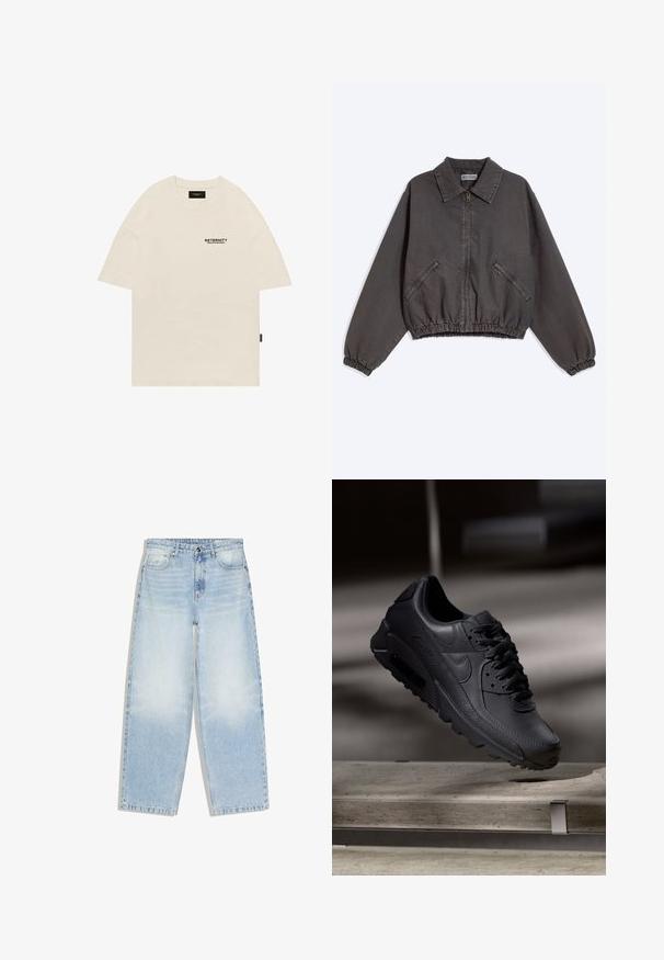 Veste zippée gris foncé avec col, deux poches latérales zippées, poignets et bas élastiques, posée à plat sur un fond clair.; T-shirt en coton beige avec un col rond, au design surdimensionné, et un logo imprimé noir sur la poitrine gauche. Manches courtes à coupe droite.; Jean à jambes larges bleu clair en denim délavé. Comprend un style classique à cinq poches, une fermeture à bouton et fermeture éclair, ainsi que des détails de couture minimaux.; Baskets noirs Nike Air Max avec un dessus en cuir texturé, semelle en caoutchouc et un système de laçage proéminent, mettant en avant un design moderne et épuré.