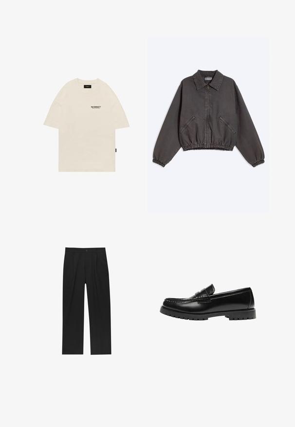 Veste zippée gris foncé avec col, deux poches latérales zippées, poignets et bas élastiques, posée à plat sur un fond clair.; T-shirt beige à manches courtes avec petit texte noir "RETERNITY CREATIVE DEPARTMENT" sur la poitrine gauche et étiquette noire sur la couture latérale.; Pantalons noirs au design droit, fabriqués à partir d'un tissu lisse. Dotés de plis sur le devant et d'une fermeture à un bouton à la taille.; Mocassin en cuir noir avec une semelle en caoutchouc épaisse et un détail classique de bride à monnaie, vu de côté extérieur.