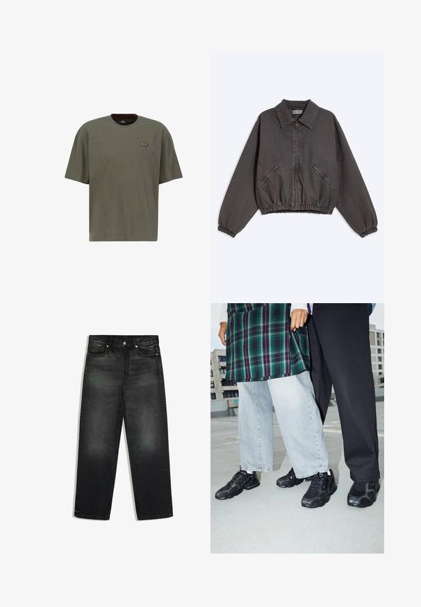 Donkergrijs jack met rits en kraag, twee ritssluitende zijzakken en elastische boorden en zoom, plat gelegd op een lichte achtergrond.; Olijfgroen T-shirt met korte mouwen van katoen, voorzien van een ronde halslijn en een klein gouden geborduurd logo op de linkerborst.; Zwarte high-waist rechte jeans met voorzakken en metalen knoopsluiting, plat liggend op een witte achtergrond.; Zwarte sportieve schoenen met mesh- en rubberaccenten. Draagt een lichtgrijze wijde spijkerbroek en een groen geruit shirt. Effen achtergrond.
