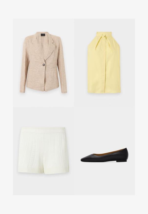 Veste beige texturée avec fermeture à un bouton foncé, revers crantés et deux poches avant, présentée sur un fond blanc.; Haut sans manches jaune pâle à col licou avec une fermeture par bouton au niveau du col et un devant épuré et lisse.; Shorts tricotés de couleur crème avec des motifs texturés verticaux et une large ceinture élastique sur un fond uni.; Chaussure plate en cuir noir à bout pointu avec talon bas et finition lisse, vue de côté sur un fond gris clair.