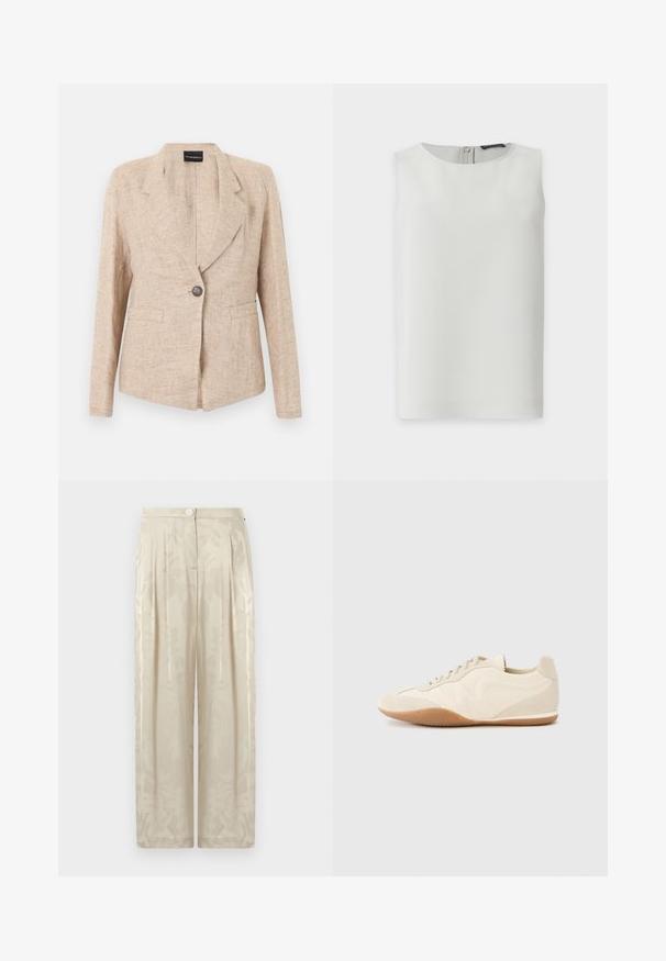 Veste beige texturée avec fermeture à un bouton foncé, revers crantés et deux poches avant, présentée sur un fond blanc.; Blouse blanche sans manches avec encolure ronde et fermeture éclair visible dans le dos, présentée sur fond blanc uni.; Pantalon beige taille haute à jambes larges avec un motif floral subtil, fermeture avant par boutons et détails plissés.; Baskets beige clair avec une tige en cuir texturé, des panneaux latéraux texturés et une semelle en caoutchouc. Dotées d'un design fin et épuré ainsi que de lacets plats.