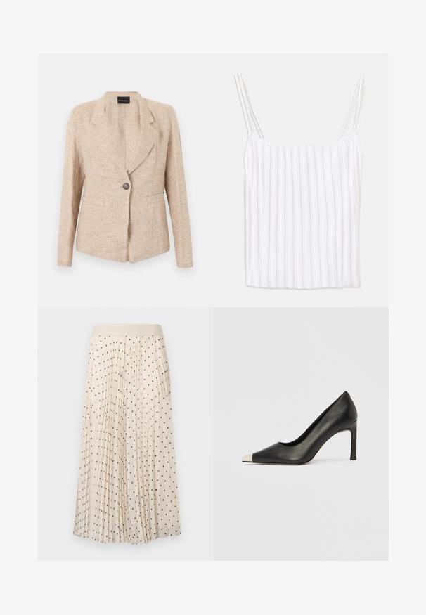 Veste beige texturée avec fermeture à un bouton foncé, revers crantés et deux poches avant, présentée sur un fond blanc.; Haut blanc sans manches avec fines bretelles spaghetti, présentant une texture côtelée verticale et un ourlet droit. Tissu léger, design minimaliste.; Jupe plissée écrue à pois noirs, avec une ceinture souple. Fabriquée en tissu léger, elle présente une texture lisse et un design fluide.; Chaussure à talon haut en cuir noir avec bout pointu et capuchon argenté métallique. Présente une finition lisse et un talon fin de 10 cm.