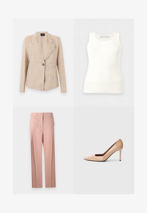 Veste beige texturée avec fermeture à un bouton foncé, revers crantés et deux poches avant, présentée sur un fond blanc.; Débardeur blanc côtelé sans manches avec encolure ronde, coupe ajustée, et étiquette de la marque à l'intérieur du col arrière.; Pantalon ajusté rose clair avec jambes droites, passants pour ceinture et fermeture éclair à l’avant, présenté sur un fond blanc uni.; Escarpin nude en cuir verni avec bout pointu, détail découpé ouvert et talon stiletto fin pour une hauteur supplémentaire.