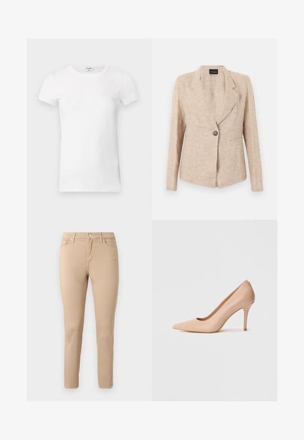 Veste beige texturée avec fermeture à un bouton foncé, revers crantés et deux poches avant, présentée sur un fond blanc.; T-shirt à manches courtes blanc côtelé avec un col rond. Le tissu semble lisse avec une silhouette ajustée. Étiquette de marque visible au niveau du col.; Pantalon beige slim-fit avec bouton à l'avant, fermeture éclair, passants pour ceinture et cinq poches, présenté sur un fond clair uni.; Escarpin à talon haut en cuir beige avec un bout pointu, une texture lisse et un talon aiguille fin. Design minimaliste avec un style à enfiler.