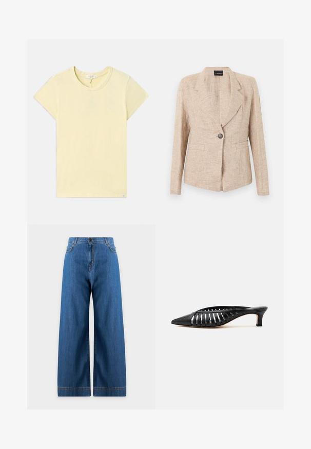 Veste beige texturée avec fermeture à un bouton foncé, revers crantés et deux poches avant, présentée sur un fond blanc.; T-shirt jaune clair à manches courtes avec un col rond, texture douce, coupe standard et une petite étiquette de marque près de l'ourlet.; Jean denim bleu à jambes larges avec fermeture devant par bouton et zip, passants de ceinture et poches avant, présenté sur fond uni clair.; Mule en cuir noir avec bout pointu, design découpé à brides et petit talon kitten sur fond blanc.